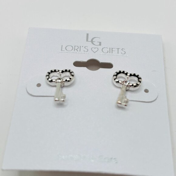 Lori’s Gifts Silver Key Stud Earrings Rhinestone Detail Hypoallergenic NWT - Picture 2 of 4